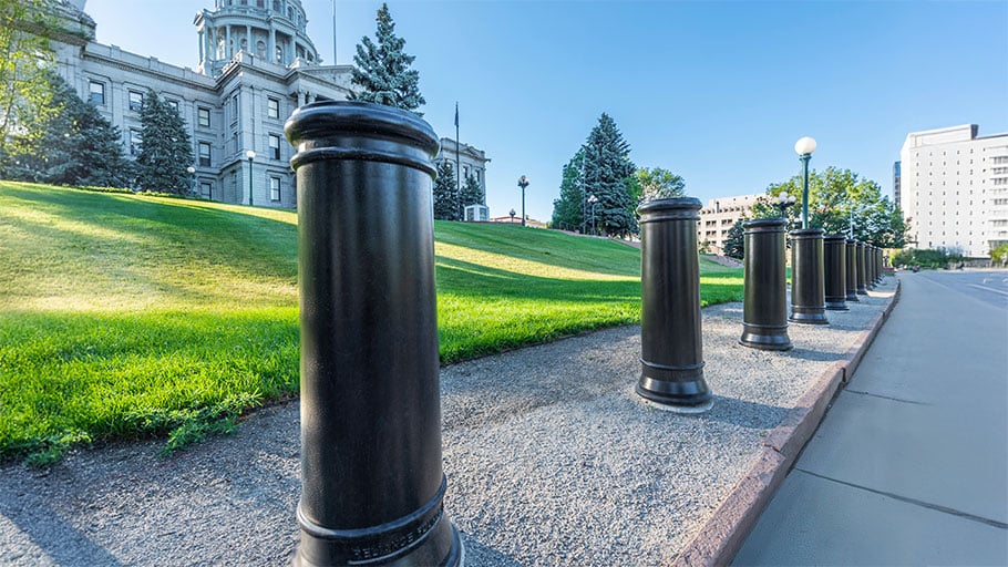 Crash-rated bollards safeguarding the Colorado State Capitol.