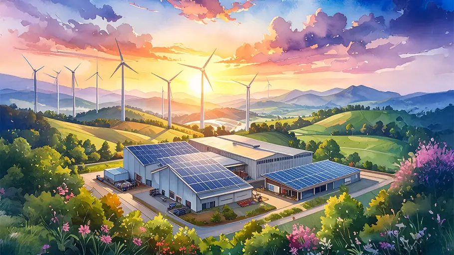 Planta de fabricación sostenible con paneles solares y turbinas eólicas integradas en el paisaje.