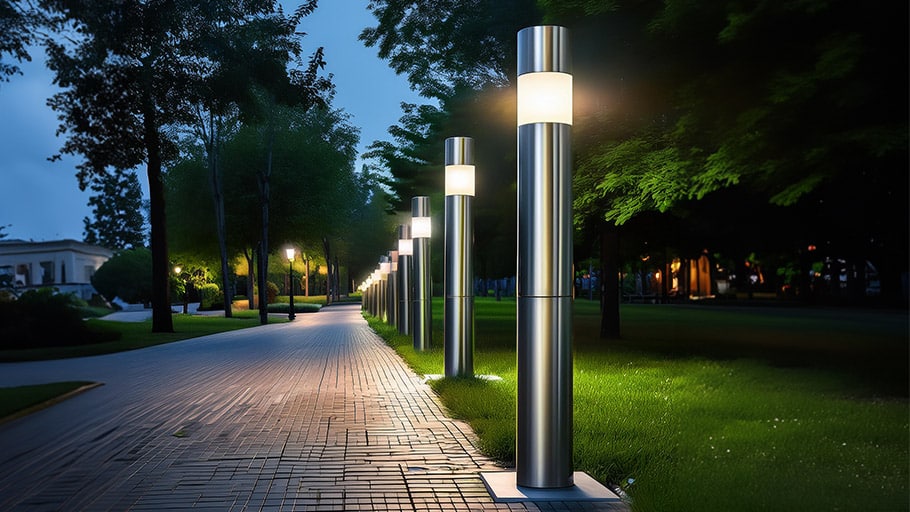 Stainless steel lit bollards along a pathway providing illumination in an urban park.