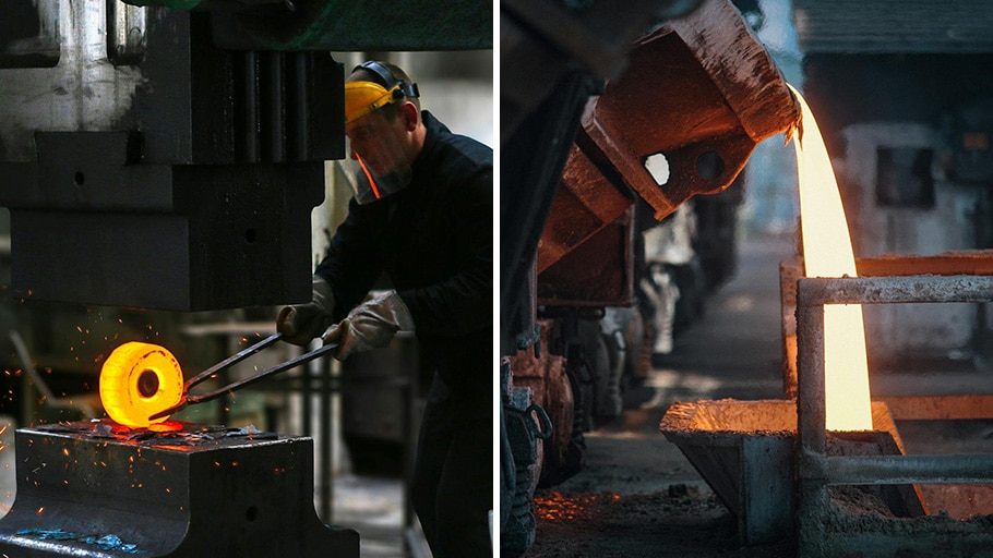 A foundry worker forging heated metal on an anvil alongside molten metal being poured into a casting mold.