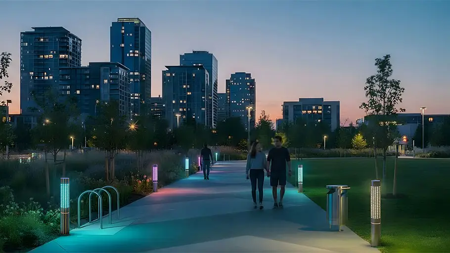 Lighted bollards illuminate a city park pathway, enhancing pedestrian safety and adding visual appeal at dusk.