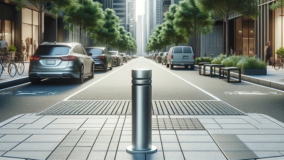 Semi-automatic bollard separating a roadway from a pedestrian zone.