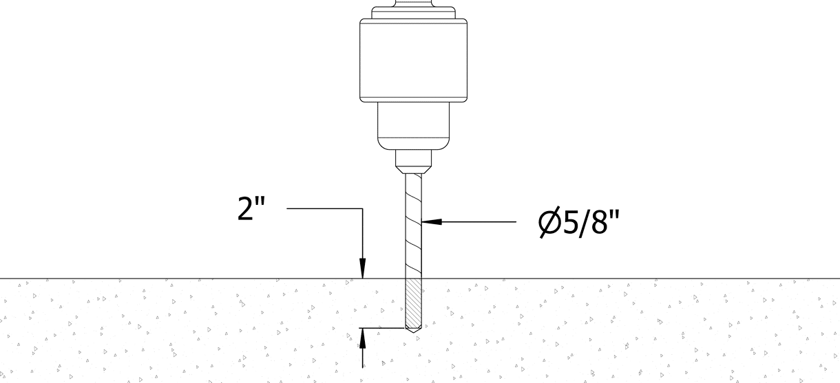 Diagram of a hole being drilled with a 5/8 inch diameter and 2 inch depth