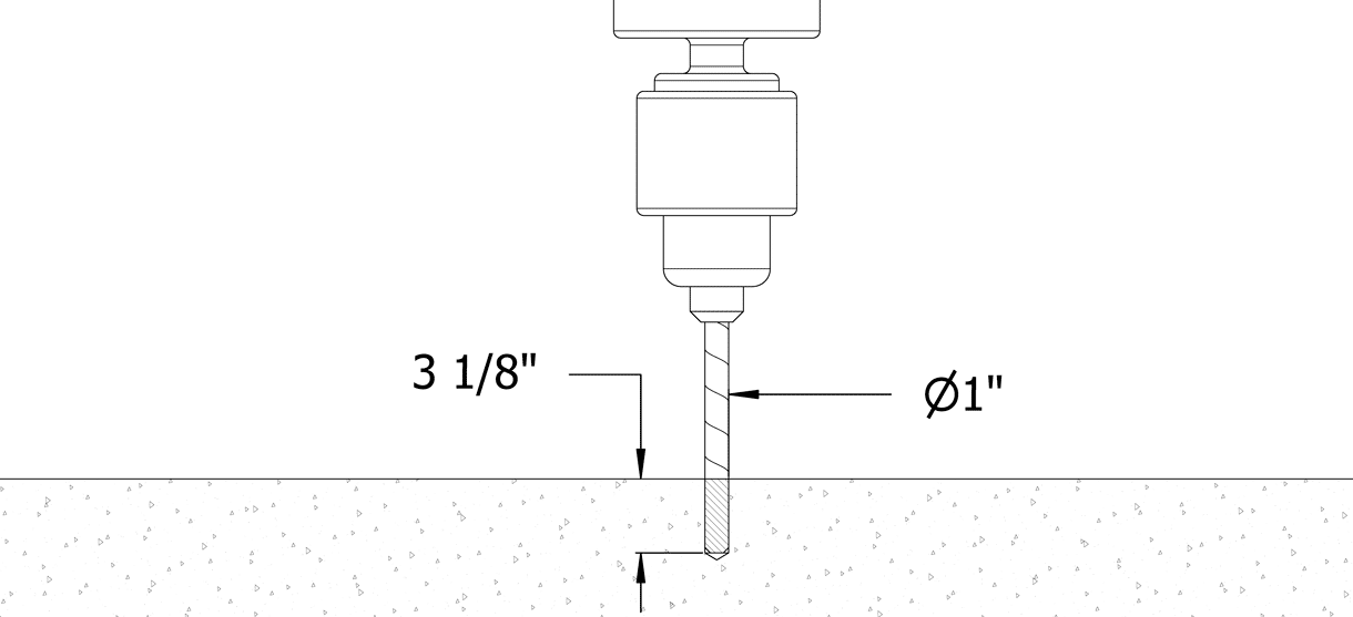 Diagram of a hole being drilled with a 3 1/8 inch diameter and 1 inch depth