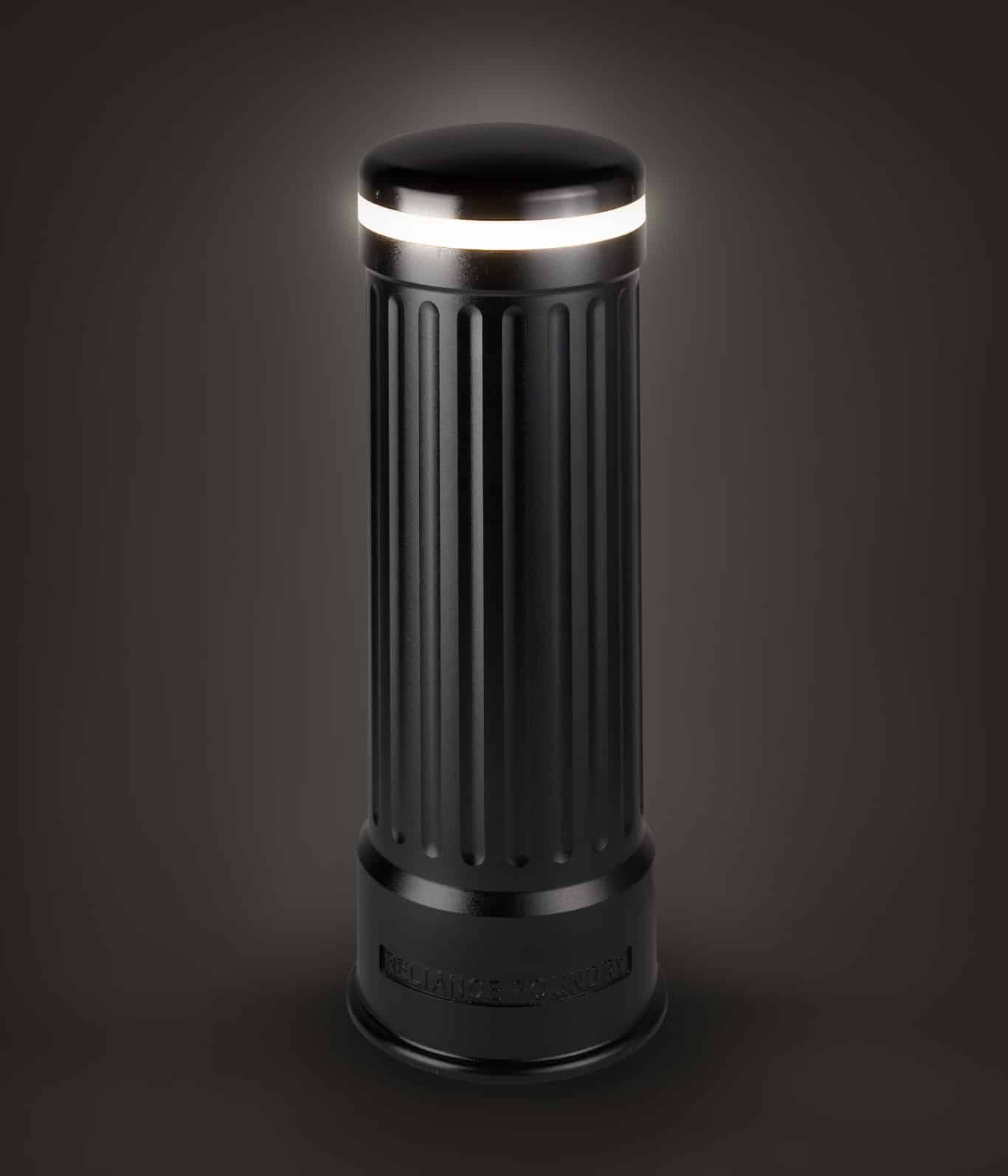 R-6501 Crescent Ward Light Bollard illuminated in a dark studio