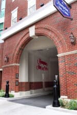 R-7595 decorative bollard at entranceway of Hampton Inn