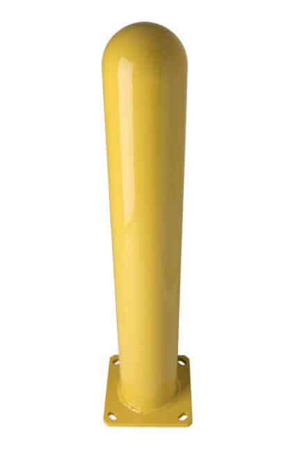 Yellow R-7642 bolt down bollard with flanged base