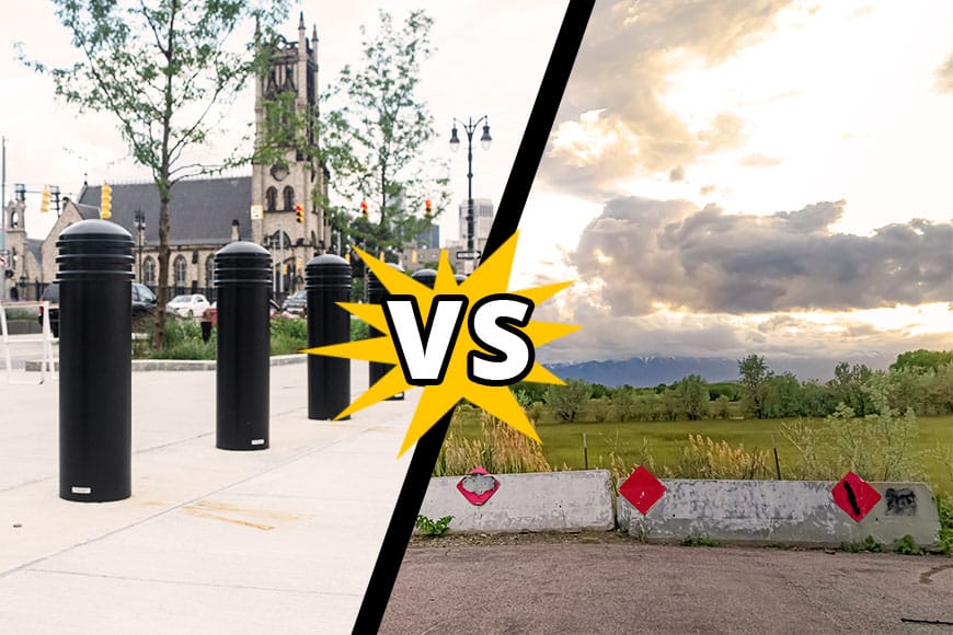 Bollards near a church vs. jersey barriers between a highway and a field