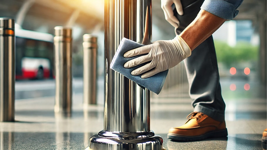An image of a stainless steel bollard being cleaned
