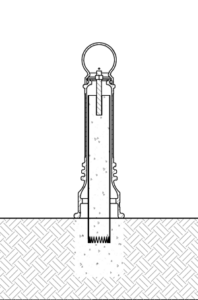 Diagram showing a metal decorative bollard cover fixed onto a pipe bollard using an adhesive anchoring system