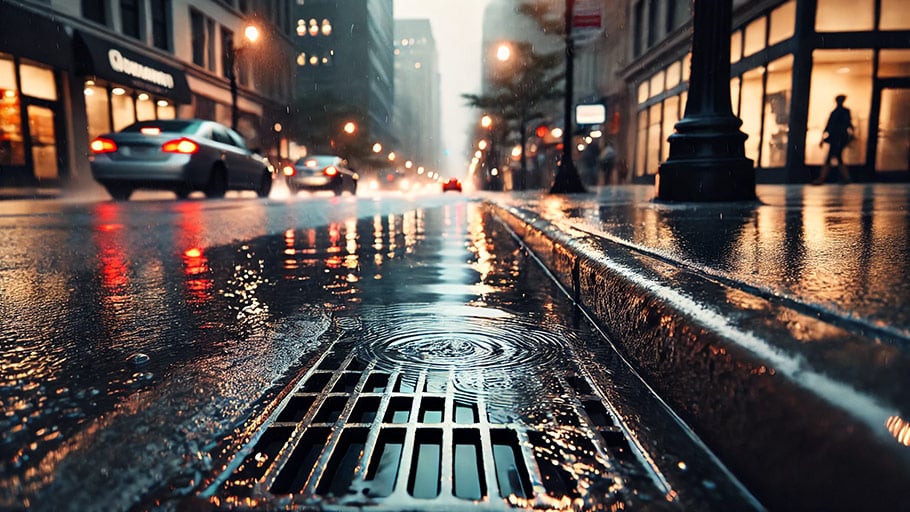 A night shot of a trench drain