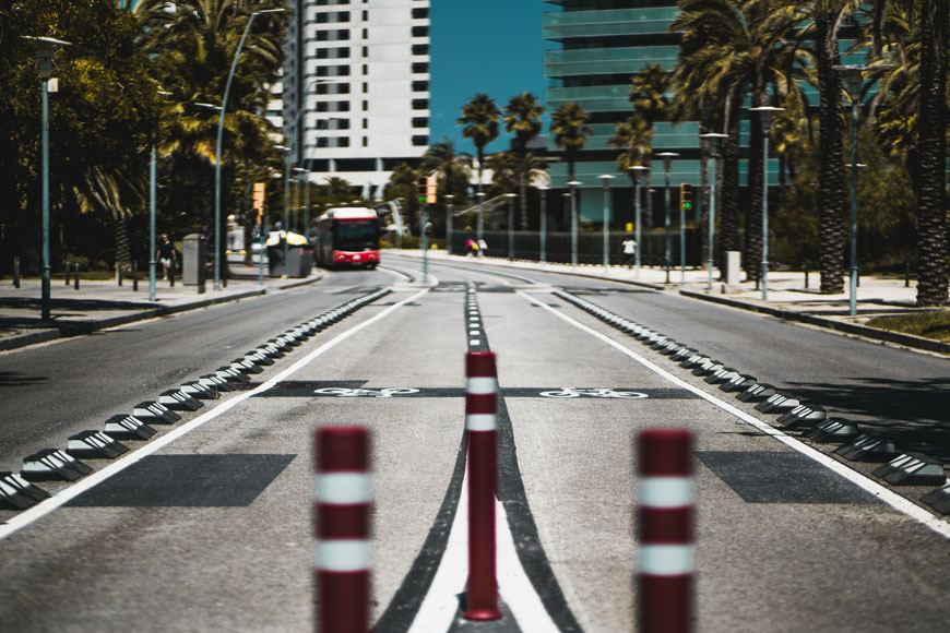 A picture of city street with bike and bus lanes